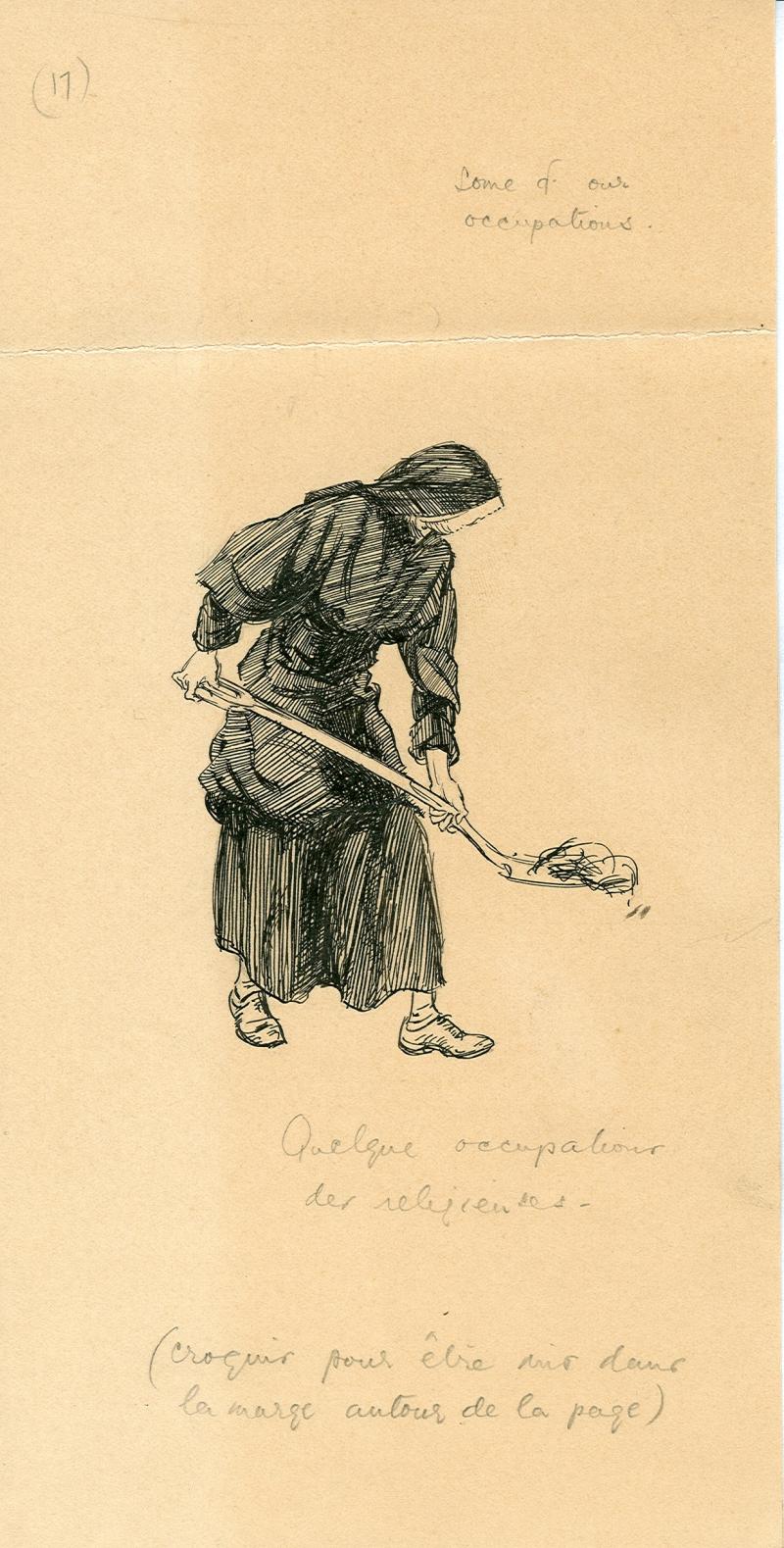 Mother Philippine Duchesne at work in her garden. Drawing by "Robin." Mother Philippine Duchesne at work in her garden